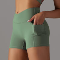 Shorts De Yoga Para Mujer Con Cintura Alta Y Bolsillos Diseño Cruzado Transpirables Y Secado Rápido Para Gimnasio Running Ejercicio - details 19