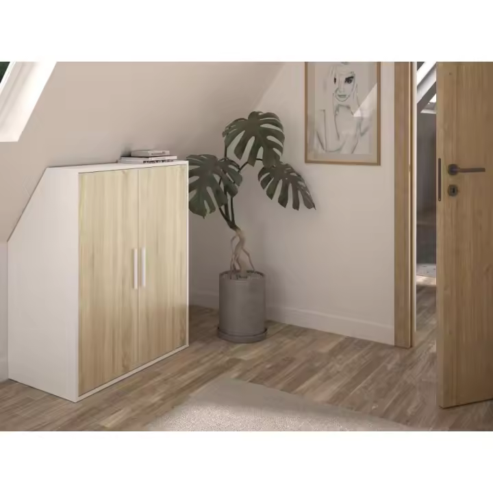 Vente-unique - Armario para techo abuhardillado 2 puertas - blanco y natural - ADEZIO - 1