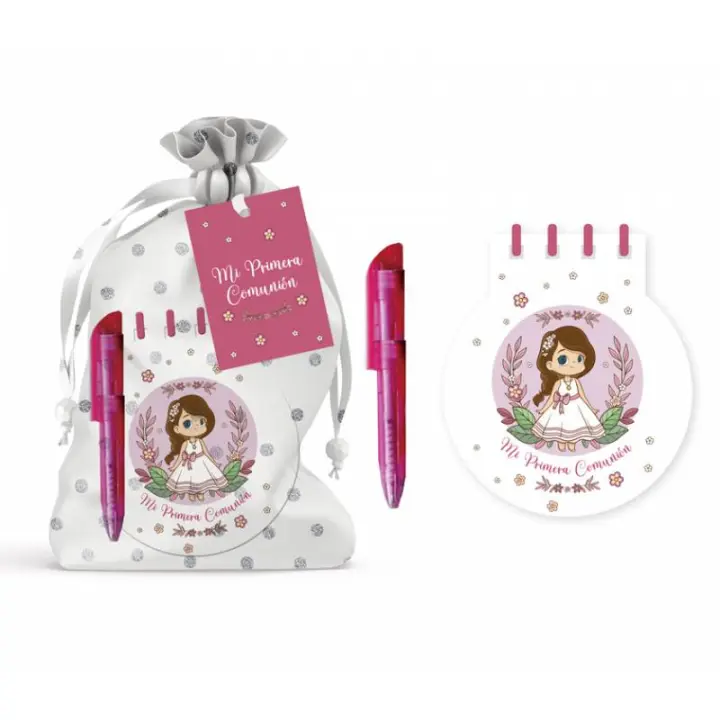 Disok Lote de 12 a 24 LIBRETAS + BOLI EN BOLSITA MI 1ª COMUNIÓN NIÑA - Detalles Originales para Comuniones Recuerdos Invitados Regalos Mujeres Invitados Niños - 1