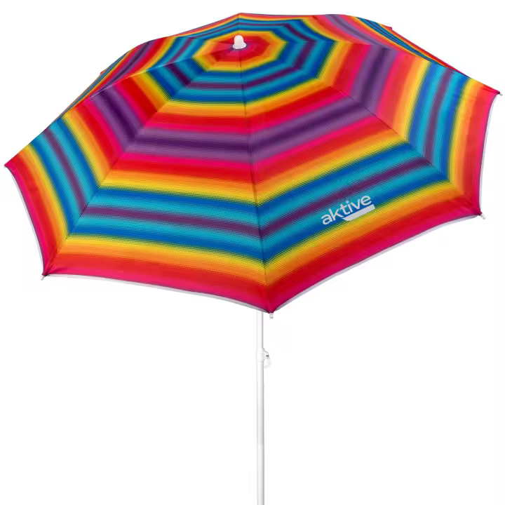 Aktive - Sombrilla de playa antiviento, diseño de rayas multicolor, 8 varillas de fibra de vidrio, protección UV50 con revestimiento plateado, mástil de metal 28/32 mm, sistema de inclinación, ventilación Max+Air y funda de transporte - 1