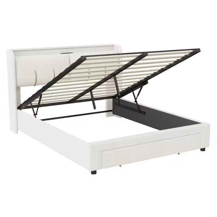 Cama con arcón abatible 140x200/160x200 cm, tapizada en terciopelo blanco capitoné, con LED, USB Type-C y somier de lamas - 1
