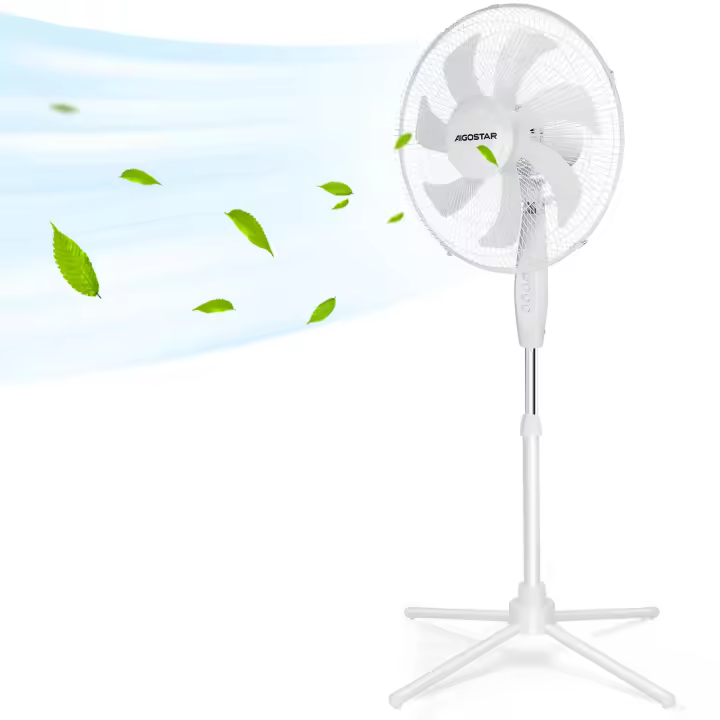 AIGOSTAR Ventilador de Pie Silencioso, 3 Velocidades, 7 Aspas, Oscilante 70°, 55W, Altura Ajustable 108-130cm. Colores: blanco y negro. - 1