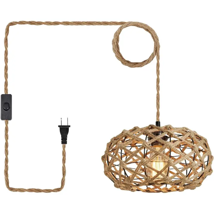 Jaula Colgante de mimbre Costera Retro Para Isla de Cocina, Dormitory, Lámpara colgante de vestido Bohemio con cable de cuerda de cáñamo de 117 pies, interruptor de encendido/apagado, sala de estar (bombilla no incluida) SSITO - 1