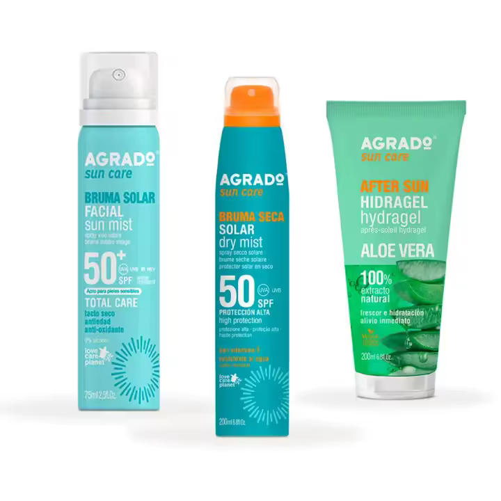 AGRADO - Pack Brumas Solares + Aftersun, Set con Bruma Facial Solar SPF50+ 75 ml, Bruma Seca Solar SPF50 200 ml, Aftersun Hidragel Aloe Tubo 200 ml, Protección Muy Alta con Fórmula Vegana, Contiene Vitamina E y Extracto de Aloe Vera, para Pieles Sensibles - 1