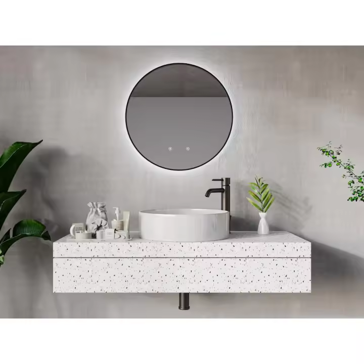 Vente-unique - Espejo de baño redondo con luz antivaho y marco negro - D60 cm - PEONIA - 1