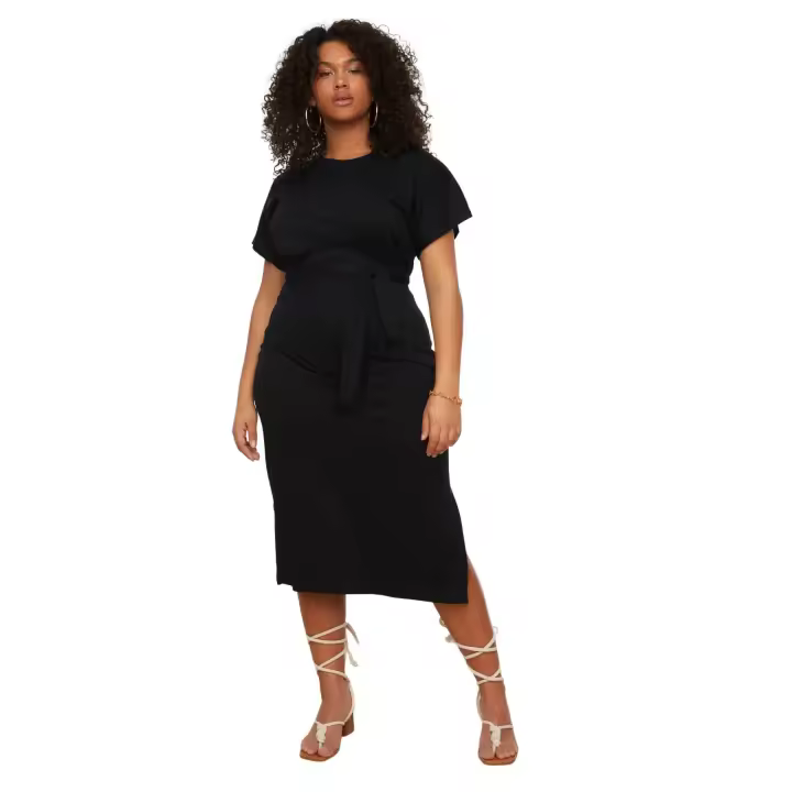 Trendyol Black Straight Cut Tie Detail With Slits Maxi/Long 100% Cotton Knitted Plus Size Dress Tbbss22El1640 - 1