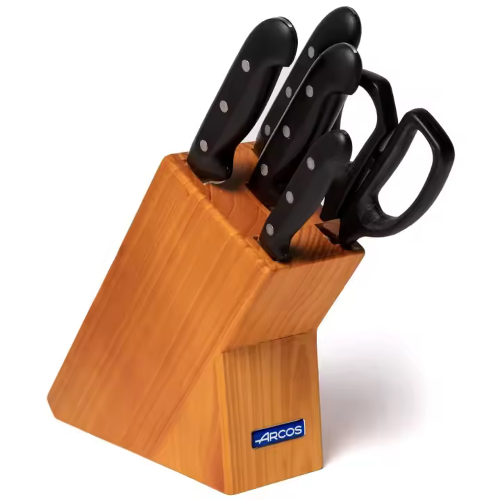 ARCOS Maitre - Taco de Cuchillos (4 Cuchillos + Tijeras) - Hoja de Acero Inoxidable Nitrum® - Mango Negro de Polipropileno (PP) - Taco de Madera - Caja   Regalo - 1
