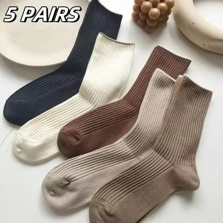 Calcetines De Mujer De Color Sólido Medio Longitud 10/5 Pares Transpirables Y Suaves Para Primavera Y Otoño Estilo Sencillo Con Rayas - 1