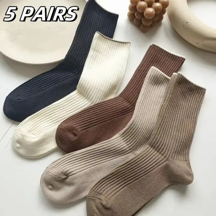 Calcetines De Mujer De Color Sólido Medio Longitud 10/5 Pares Transpirables Y Suaves Para Primavera Y Otoño Estilo Sencillo Con Rayas - 1