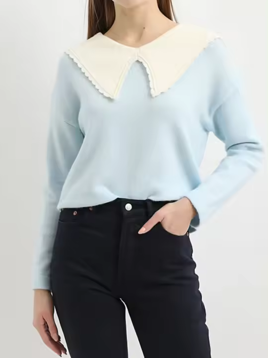 Suéter jersey lana mixta cuello baby doll diseño moderno manga larga hombro caído tejido suave estilo femenino color azul pastel talla única cómodo versátil elegante ✅Entrega 24/48h - 1