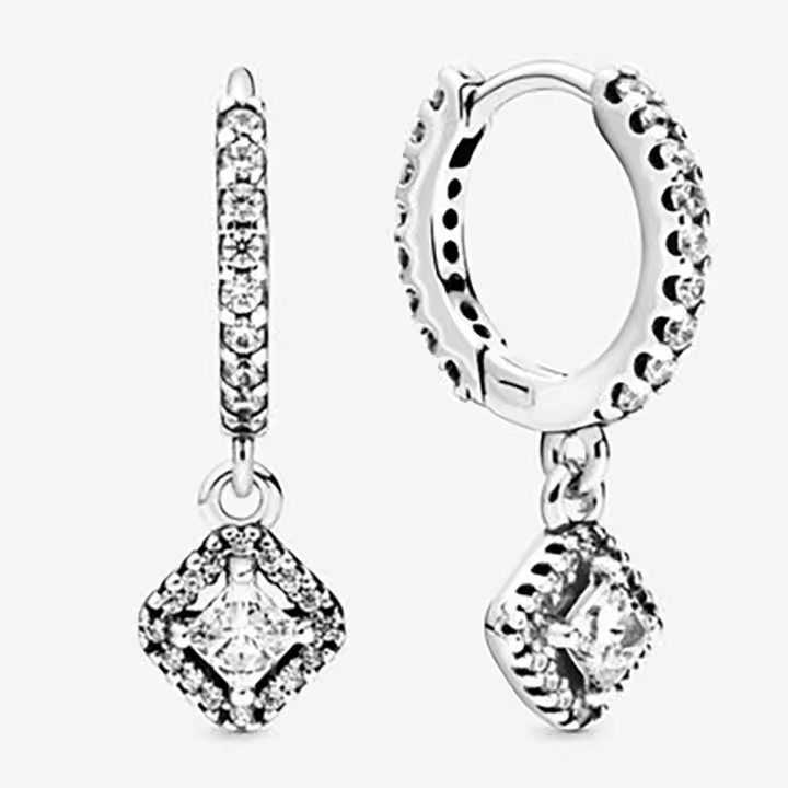 Pandora Pendientes de Aro en Plata de Ley S925 Cuadrada Abrazo Brillante  298503C01，Incluye Caja Original - 1