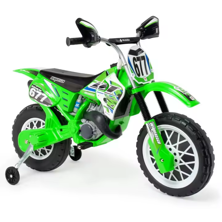 INJUSA - Moto Eléctrica Infantil Cross CR | Moto a Batería para Niños de 3 a 6 Años | Batería 6V | Acelerador en Puño | Bandas de Goma EVA en Ruedas | Ruedas Estabilizadoras | Velocidad máx. 6 km/h | Versión Verde y Blanca - 1