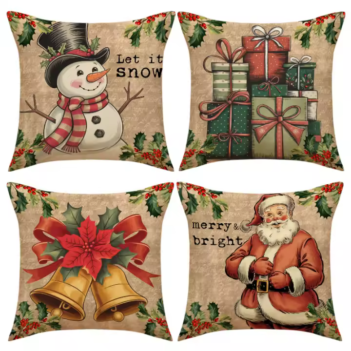 Conjunto de 4 estilo retro Navidad Fundas Tapes, Fiesta Decoración para Sofá, dormitorio, cabeza - 1