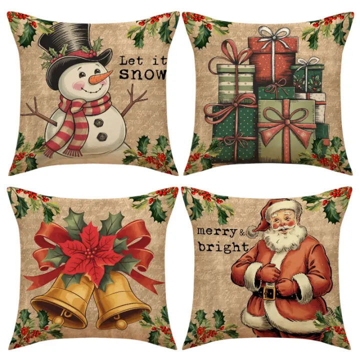 Conjunto de 4 estilo retro Navidad Fundas Tapes, Fiesta Decoración para Sofá, dormitorio, cabeza - 1