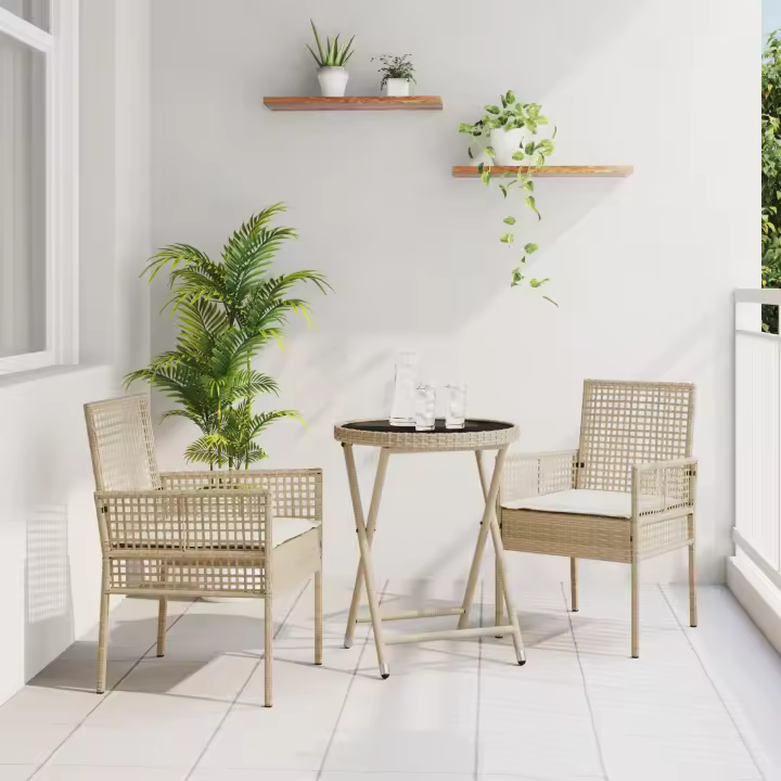 Conjunto de jardín bistró de 3 piezas con cojines beige de poliratán - 1