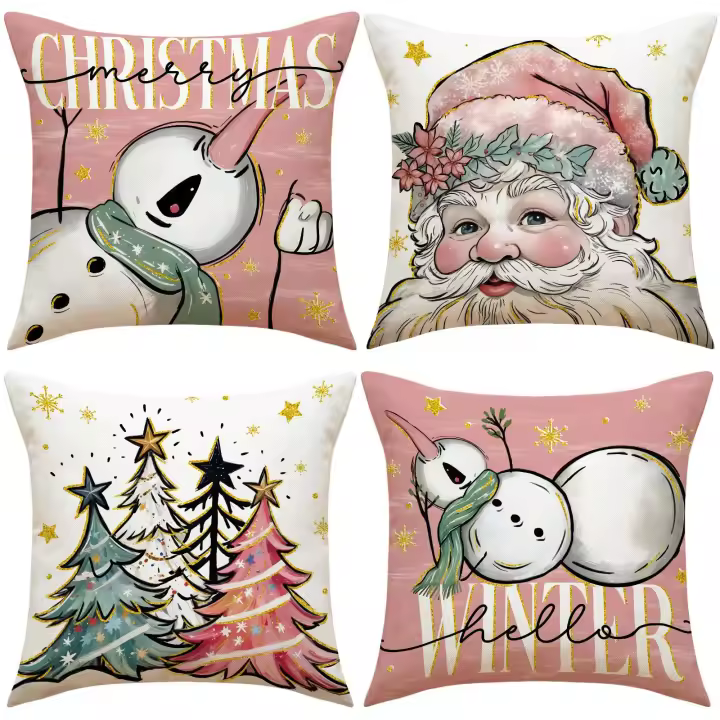Cuatro piezas de Santa Claus dibujos animados almohada, vacaciones Decoración para el sofá, cama Cojines Sets, hogar - 1