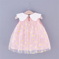 Vestido De Verano Para Niñas Con Pétalos De Margarita Y Cuello Gasa Sólido Sin Mangas Dulce Y Lindo Vestido De Malla - details 2