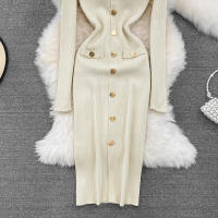 Vestido Midi De Punto REALEFT Para Mujer Con Cuello En V Manga Larga Y Falda Frontal Solta Estilo Casual Color Sólido Otoño Invierno - details 27