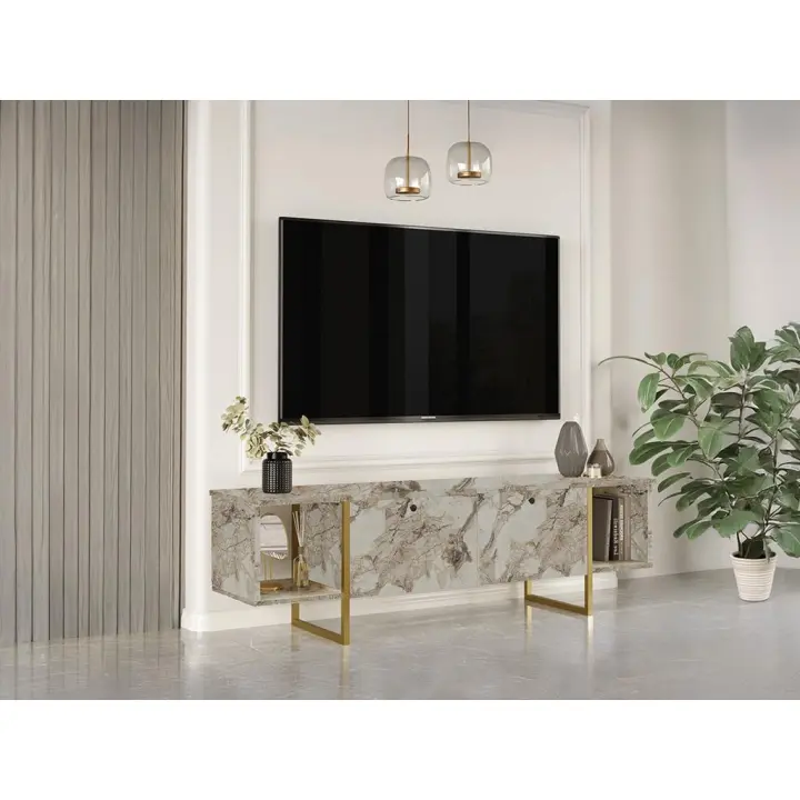 Vente-unique - Mueble de TV 2 puertas y 2 estantes - Efecto mármol blanco y dorado- DERANA - 1
