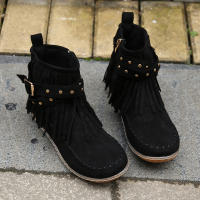 Botines De Otoño Para Mujer Zapatos Planos Botas De Tobillo Retro En Cuero Suelto Con Borlas Punta Redonda Suave Casual - details 4