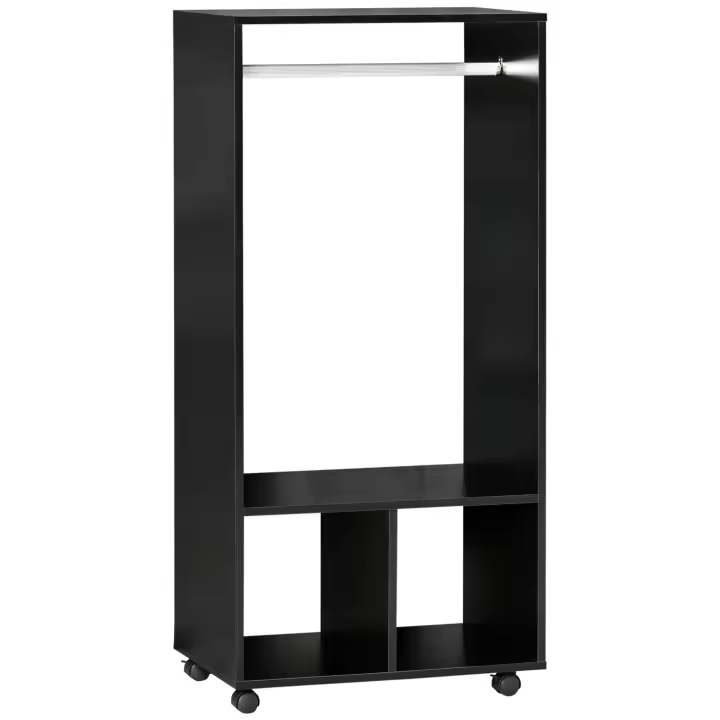HOMCOM Armario Ropero con Ruedas Armario para Ropa con Barra Estantes Abiertos Organizador para Colgar Ropa de Dormitorio 60x40x128 cm Negro - 1