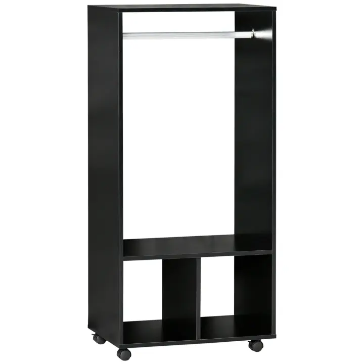 HOMCOM Armario Ropero con Ruedas Armario para Ropa con Barra Estantes Abiertos Organizador para Colgar Ropa de Dormitorio 60x40x128 cm Negro - 1