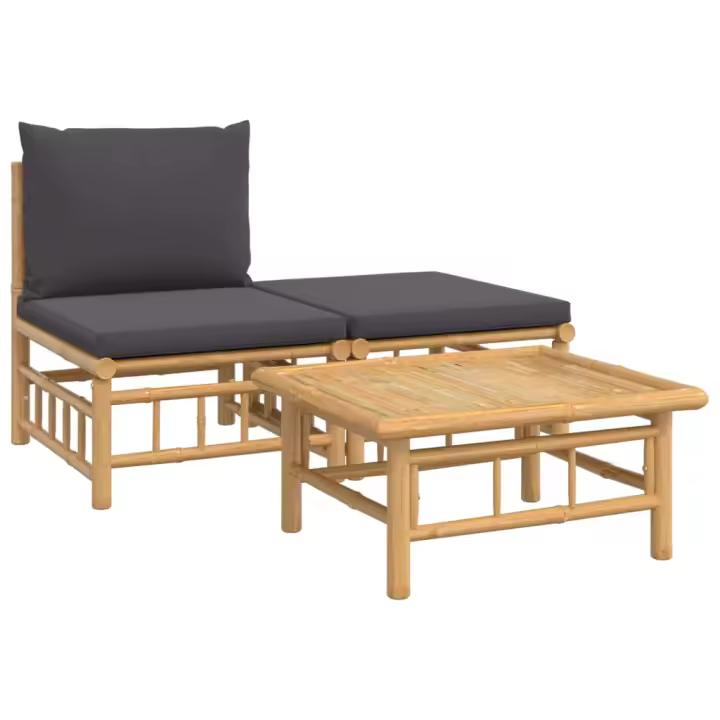 vidaXL Set de muebles de jardín 3 piezas bambú con cojines Crema, Gris oscuro, Conjunto Terraza Muebles Jardín Exterior Juego de Muebles de jardín Mueble Jardín Exterior Muebles de Salon Exterior - 1