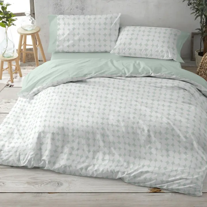 Juego de funda nórdica 50% Algodón- 50% poliéster. Disponible en cama de 90, 105, 135 y 150-160cm. Color Menta y gris. Tacto suave. - 1
