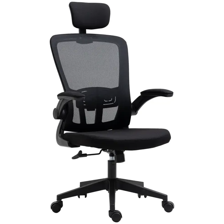 Vinsetto Silla de Oficina de Malla Ergonómica Silla Escritorio Giratoria con Altura Ajustable Reposabrazos Plegable Reposacabezas y Soporte Lumbar Regulables 65x64x114-122 cm - 1