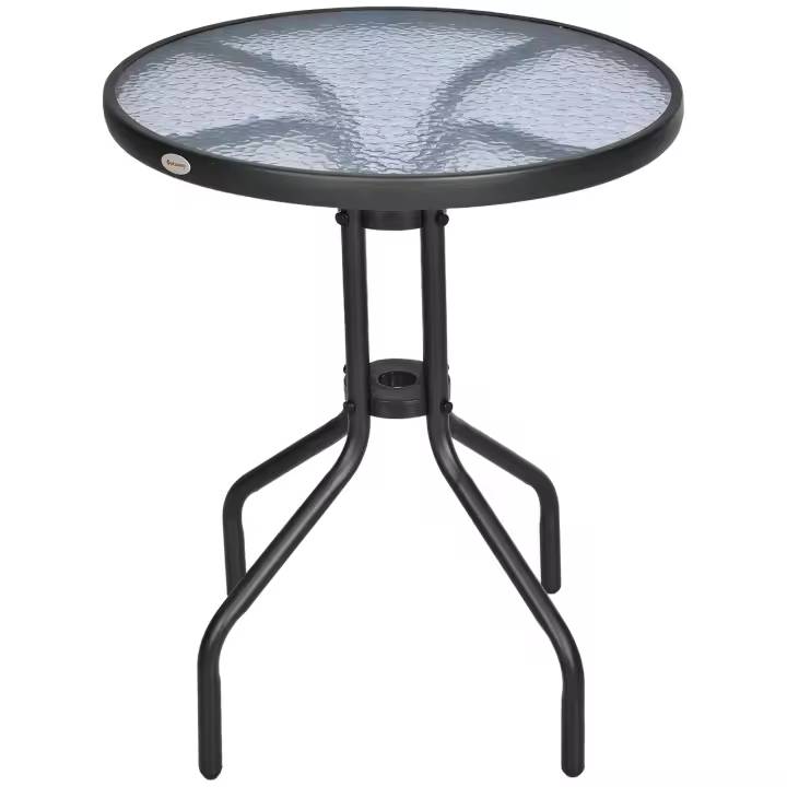 Outsunny Mesa de Jardín Redonda con Encimera de Vidrio Templado Decorativa y Marco de Metal para Patio Terraza Balcón Comedor Ø60x70 cm Negro - 1