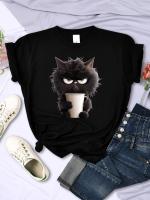 Camiseta Kawaii Para Mujer Con Estampado De Gato Negro Y Taza De Papel Cuello Redondo Transpirable Suave Verano Ropa De Calle - details 6