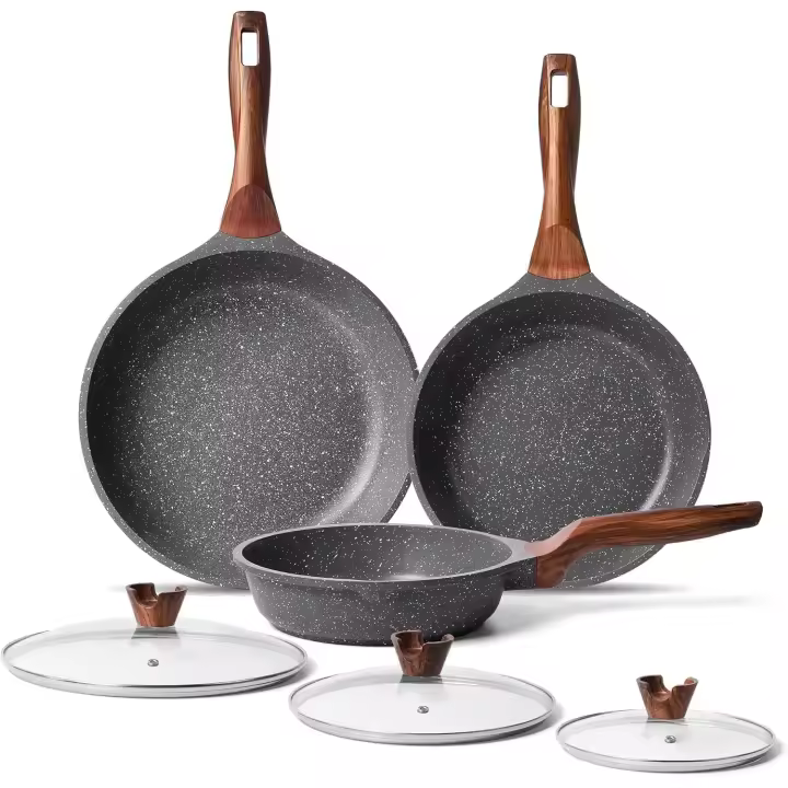 Inducción Juego de sartenes with Mango Hot resistant Granite Sartén para tortillas sin PFOA Mármol Katería de Cocina 20cm 24cm 28cm - 1