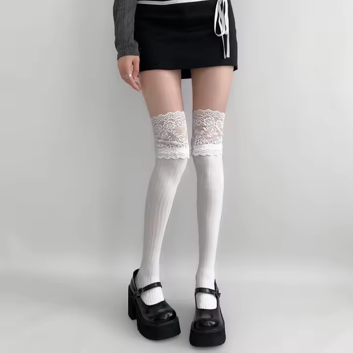 Calcetines Largos Para Mujer De Color Sólido Para Otoño/invierno Con Encaje Y Diseño Lolita Gruesos Y Cálidos En Negro Y Blanco - 1