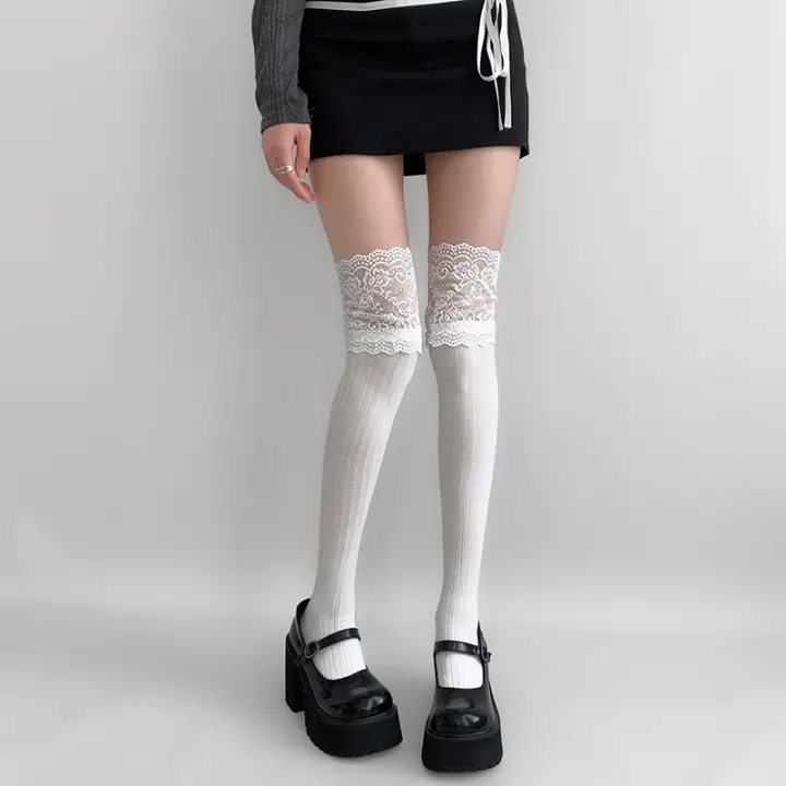 Calcetines Largos Para Mujer De Color Sólido Para Otoño/invierno Con Encaje Y Diseño Lolita Gruesos Y Cálidos En Negro Y Blanco - 1