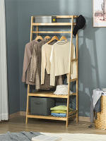 Perchero de Pie de Bambú Perchero Trapezoidal con Estantería de 3 Niveles con Barra y Colgador Lateral para Ropa Bolsas para Pared Dormitorio 70x42x164 cm Natural - details 1