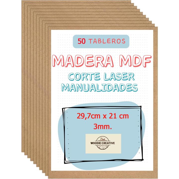 PACK 50 MADERAS MDF Tamaño A4 (29,7x21cm) Grosor 3mm para corte laser , manualidades , cnc, modelado , calado , bricolaje, decoracion