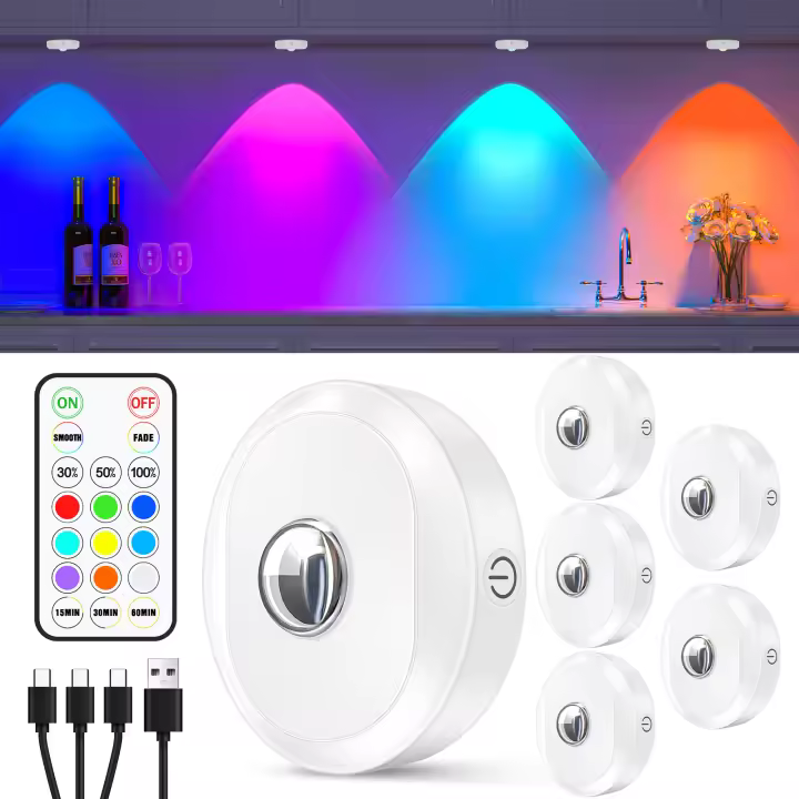 WILLED 6 PCS Luz Nocturna Recargable RGB Con Control Remoto Y Función De Programación LED Para Armario De Cocina Estante - 1