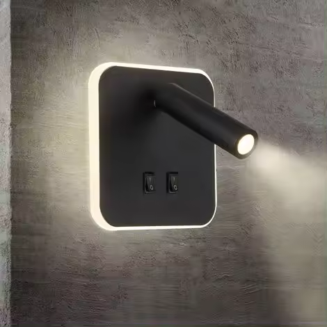 Lámpara de pared LED para mesita de noche, lámpara de pared para interiores, lámpara de pared para hotel, lámpara de pared para pasillo con interruptor, color negro, 7 W + 5 W (cuadrada) - 1