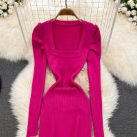Vestido REALEFT De Mujer Otoño Invierno Con Cuello Cuadrado Manga Larga Y Acolchado De Puff Trasero Lateral Split Midi Casual - details 15