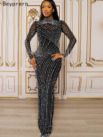 Beyprern Vestido De Noche Para Mujer Con Perlas Y Rhinestones Malla Sexy Y Club De Fiesta Largo De Piso Con Cristales Decoración - details 5