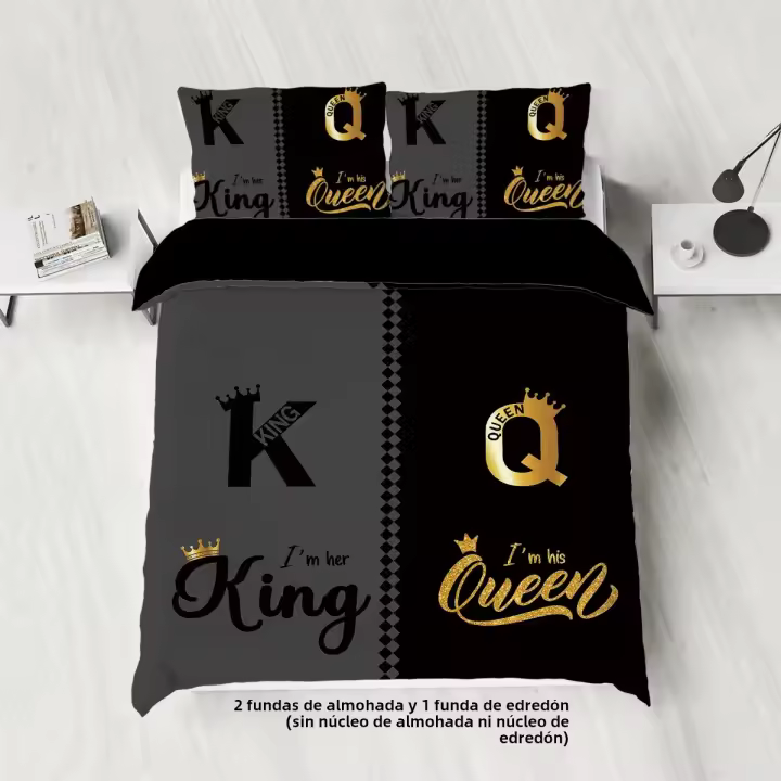 Juego De Cama Moderno 3 Piezas Diseño K Y Q En Negro Y Gris Funda De Almohada Suave Y Cómoda Transpirable Para Dormitorio Y Hotel - 1