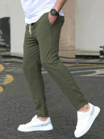 Pantalones Casuales Para Hombre De Color Sólido Con Cinturón Ajustable Y Bolsillos Estilo Regular Y Moda Pantalones Largos De Polyester - details 2