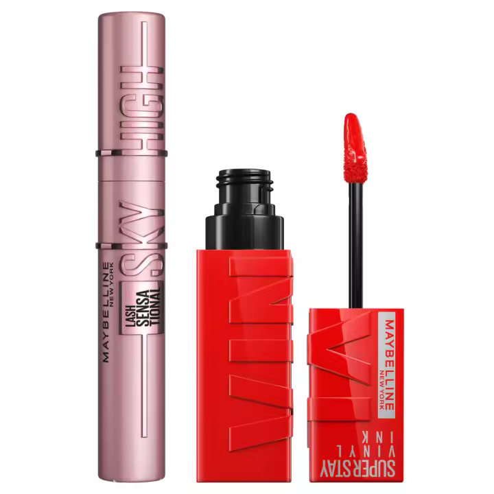 Maybelline New York | Kit rutina de maquillaje con la máscara de pestañas Sky High Tono Negro y el pintalabios Superstay Vinyl Ink efecto vinilo fijo, en Tono 35 Cheeky - 1