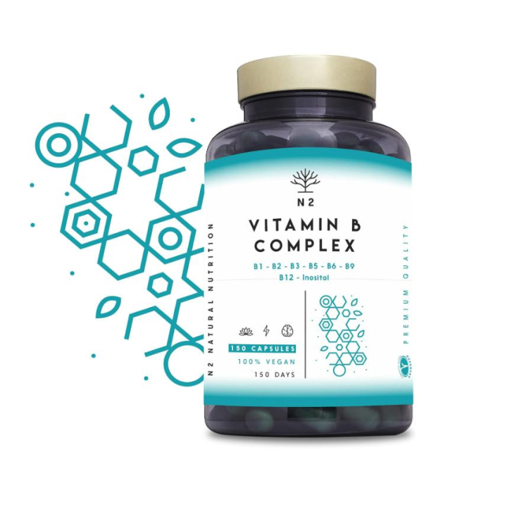 Vitamina B Complex. Complejo Vitamina B12, B9 (acido folico) B7 Biotina, B6 B5, B3, B2, B1 e Inositol. Vitaminas para el cansancio, energía y concentración. 150 cápsulas.Vegano.CE N2 Natural Nutrition