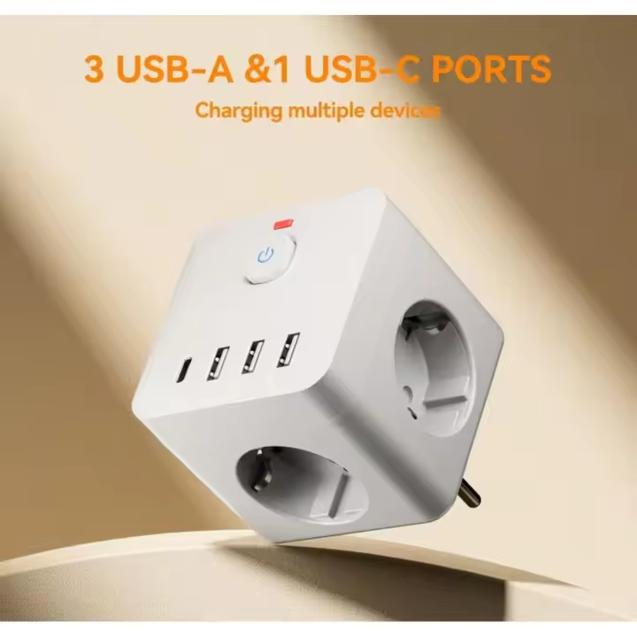 ORION91oficial® - Múltiple Clavija Enchufe 7 en 1 Blanco, Protector contra sobretensiones, 3 salidas de CA, 3 USB, 1 tipo C, Carga Rápida - spaziOrion91 - 1