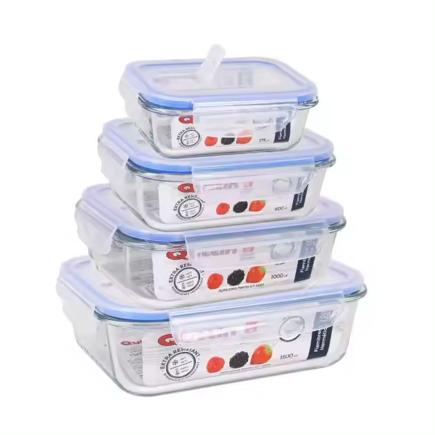 Set de 3 y 4 Recipientes Herméticos de Vidrio Borosilicato - Fiambreras Rectangulares, Cuadradas y Redondas - 375cc a 1500cc - Válvula para Microondas - Apto Horno, Microondas, Lavavajillas y Congelador - Resistente a Altas y Bajas Temperaturas - 1