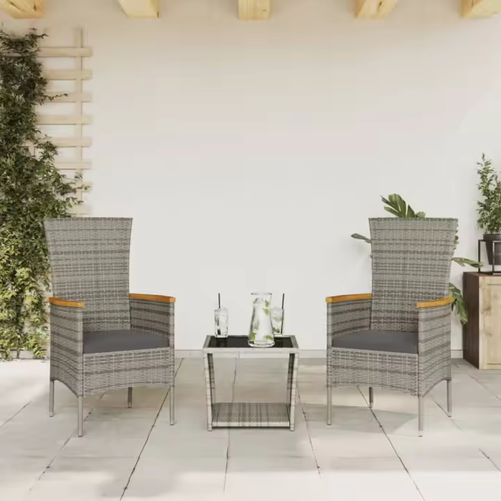 vidaXL Set comedor de jardín 3 piezas con cojines ratán sintético gris - 1
