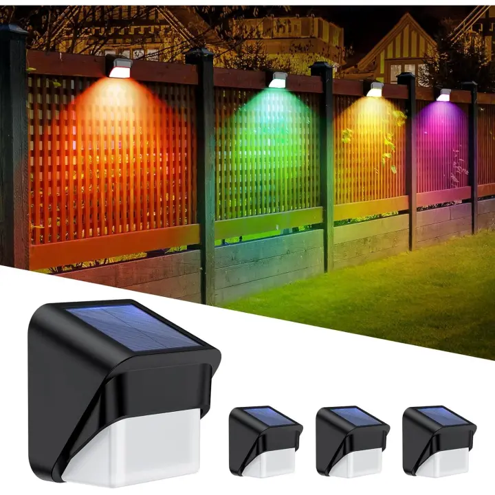 Paquete de 4 luces solares para vallas con modo de brillo blanco cálido y RGB, luces solares para vallas de pared a prueba de agua IP65, para vallas, terrazas, paredes y escalones - 1