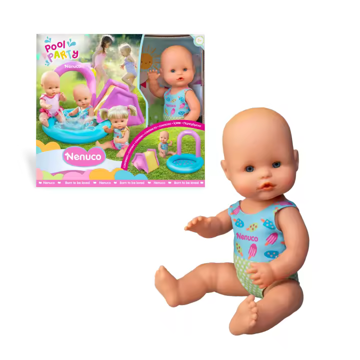NENUCO Fiesta en la Piscina, Muñecos Bebé de 35 cm con su Propia Piscina Hinchable con Tobogán, Cuerpo Duro con Traje de Baño Estampado, Llena la Piscina de Agua y Desliza al Muñeco, Famosa (NFNB5000) - 1