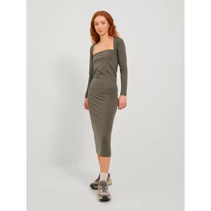 JJXX Vestido JX Eleanor Midi en Color Caqui - Manga Larga - Escote Cuadrado - 1